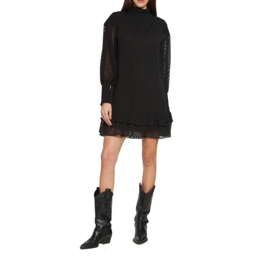 Walter Baker Womens Large Nessy Chevron Ruffle Long Sleeve High Neck Dress Black